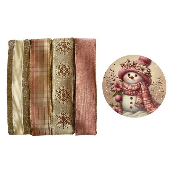 Blush Pink Snowman Sign & Ribbon Bundle | Winter Christmas Wreath Kit DIY Set - Picture 6 of 7